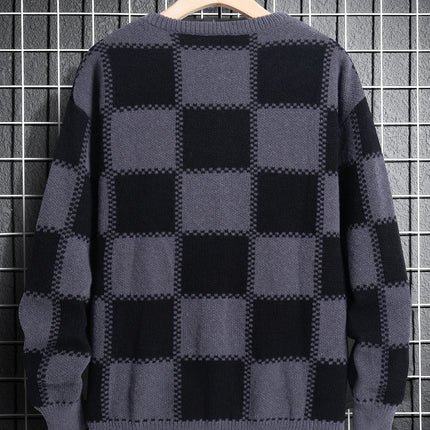 Retro Trendy Plaid Jacquard Pattern Pullover Sweater Casual Round Neck Color-Block Knit Men's Pullover