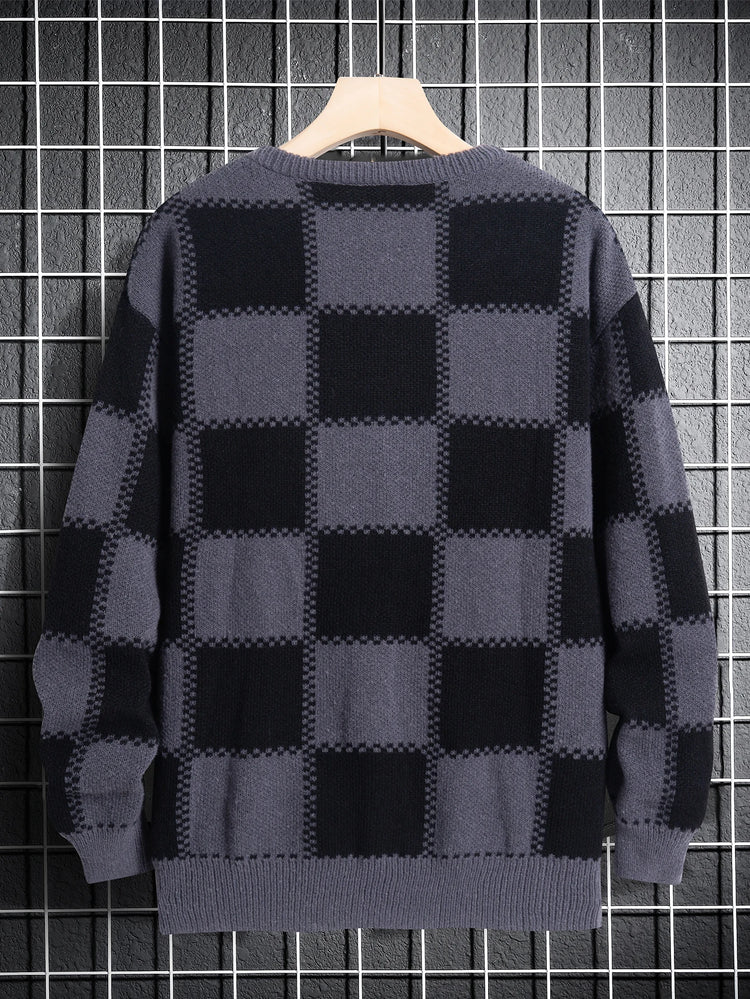 Retro Trendy Plaid Jacquard Pattern Pullover Sweater Casual Round Neck Color-Block Knit Men's Pullover
