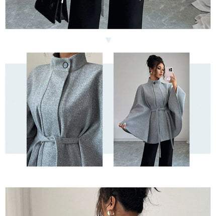 Elegant Women's Woolen Coat Autumn Winter Stand up Collar Cape Style Design Tie Waist Atmospheric Fashionable Ladies Outerwear