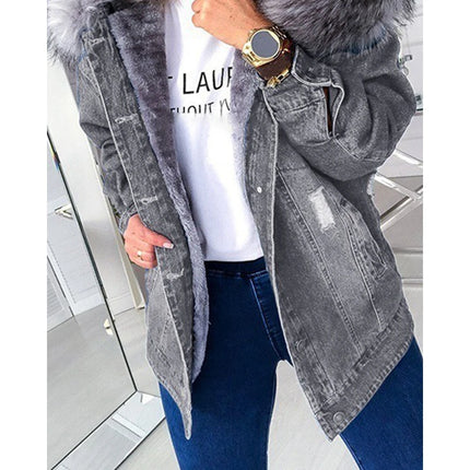 Autumn Women Vintage Hooded Denim Jackets Wth a Large Fluffy Collar Frayed Design Buttoned Overcoat