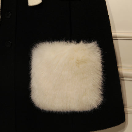 French Elegant Socialite Cape Jacket Plush Pocket Round Neck Bow Single-breasted Loose Versatile Woolen Cloak Coats Women Winter