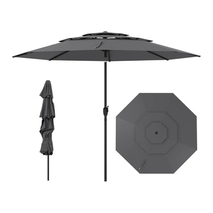 Ombrellone da Giardino a 3 Livelli Ventilato 300cm, con Sistema di Inclinazione a Pulsante e Manovella, Palo in Metallo Robusto, Ombrellone da Spiaggia e Giardino
