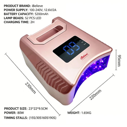 Ibelive Professional 80W Rechargeable UV LED Nail Lamp, 52pcs LED Bulbs 90S Cordless Nail Dryer for Salon Manicure