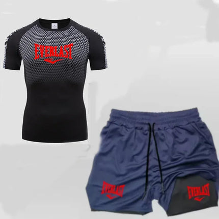 EVERLAST Men's Compress Shirt + 2-in-1 sports shorts 2pcs Set Leisure Breath Short Sleeve Sport Jogging Gym Brand Print Clothing platinumshop