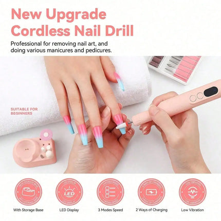 Rechargeable Electric Nail Drill Machine, Professional Nail File Kit with 11pcs Nail Drill Bits, Sanding Bands, 3 Speed Settings for Manicure & Pedicure, Pink