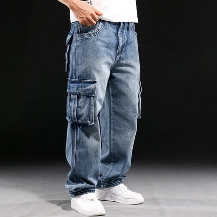 Wide Leg Pant Distressed Cargo Jean Men Jeans Washed Denim Patchwork Solid Full Length Pants Loose Pockets High Street 2025 PlatiNum