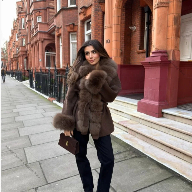 Real Fur Wool Jacket Fashion Reality Fur Jacket Women Natural Fox Fur Cuffs Winter Clothing Female Elegant with Belt Woolen Coat