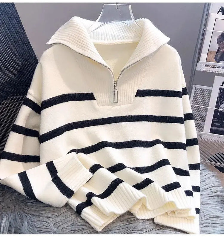 Sweater Hoodie Women's 2026 New Zipper Striped Bottom Pad Short Fashion High end Women's Sweater