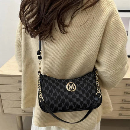 Vintage Style Handbag Crossbody Bag, Gold Letter 'M' Design Pu Leather Shoulder Messenger Bag, Synthetic Leather Tote Bag, Purse PlatiNum