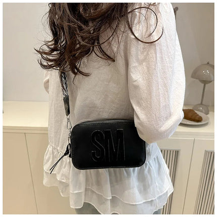 Chic SM Letter Camera Bags, Stylish Women’s Crossbody Small Square Purses with Wide Patterned Straps, Perfect for Daily Casual PlatiNum