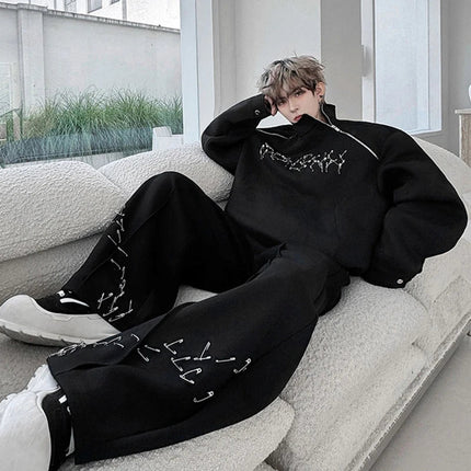 LUZHEN Fashion Street Two-piece Sets Men's Zipper Shoulder Design Long Sleeve Sweatshirt 2025 Autumn Loose Wide Leg Pants JY3912 PlatiNum
