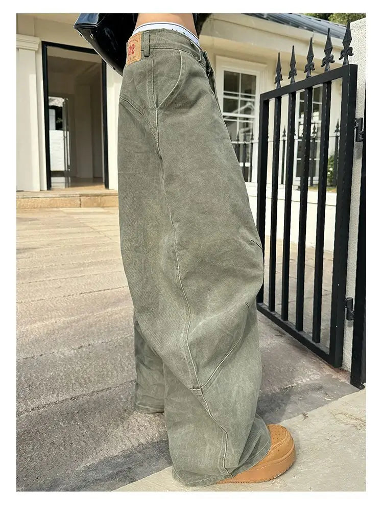 HOUZHOU Y2K Vintage Wash Donna Cargo Jeans Harajuku Scimitar Gamba larga Pantaloni in denim retrò americani Pantaloni larghi Gyaru Streetwear