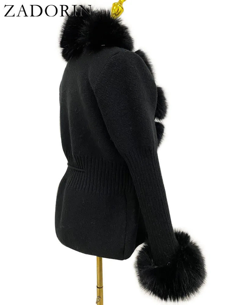 ZADORIN 2026 Chic Fur Cardigan Knitted Sweater Luxury Detachable Faux Fur White Pink Black Sweaters Cardigans Woman Tops Clothes