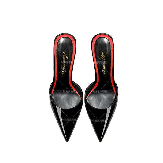 2025 New Black Baotou Sandals for Women, Pointed High Heels,Ultra fine Heels,One Word Back Empty Half Slippers for External Wear