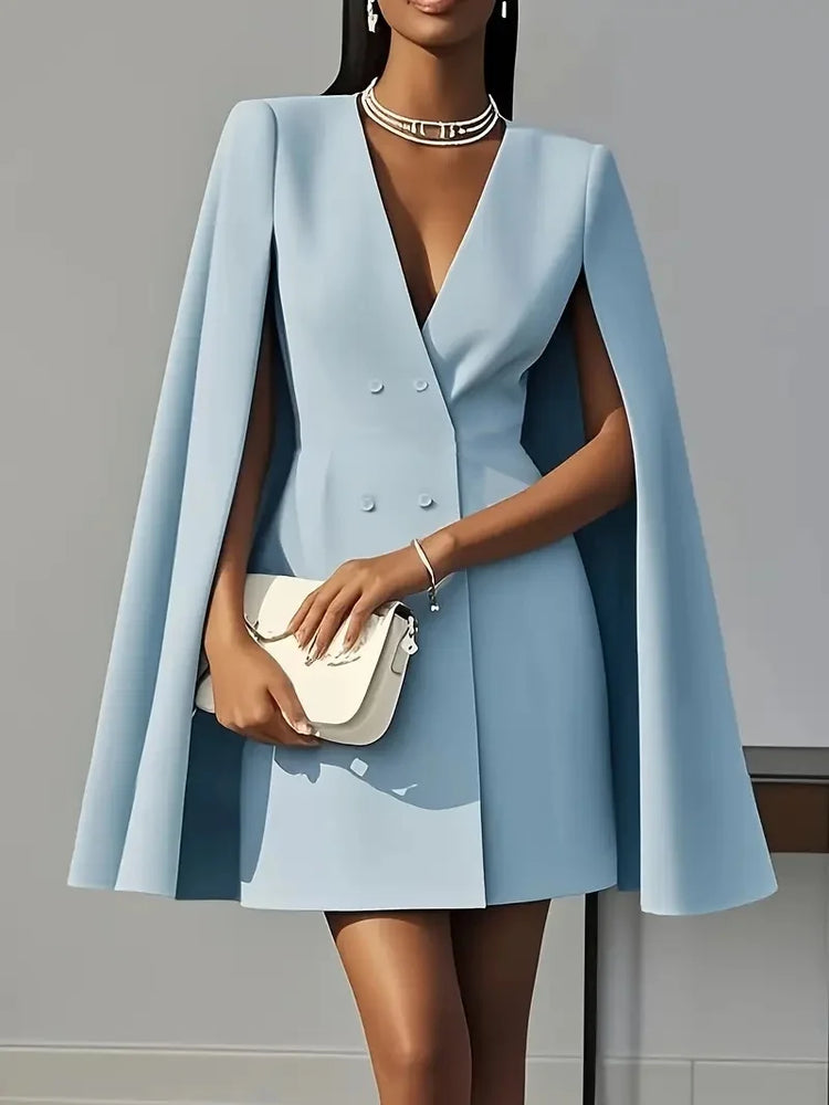 Women Fashion Commuter Solid Blazers Dress Office Double Breasted Waist Party Dress Elegant V-neck Shawl Cape Sleeve Midi Dress