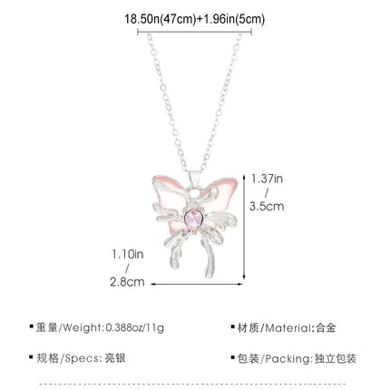 Y2K Sweet Cool Liquid Pink Butterfly Pendant Necklace Female Pink Zircon Water Drop Versatile Necklace Summer New Jewelry PlatiNum