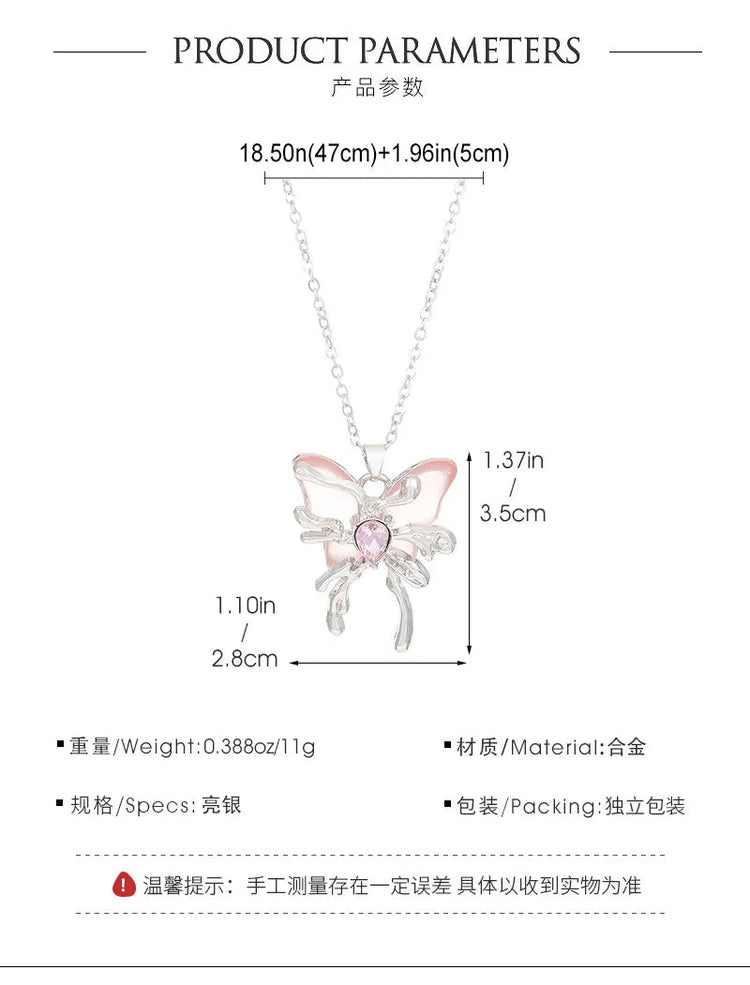 Y2K Sweet Cool Liquid Pink Butterfly Pendant Necklace Female Pink Zircon Water Drop Versatile Necklace Summer New Jewelry PlatiNum