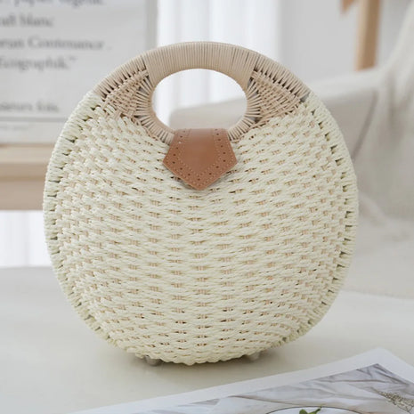 Borsa Rotonda in Paglia Intrecciata da Donna, Borsa a Tracolla Estiva da Spiaggia in Rattan, Borsa Vintage con Decorazioni in Pelle PU, Borsa a Mano con Manico Superiore, Pochette da Viaggio per Vacanze