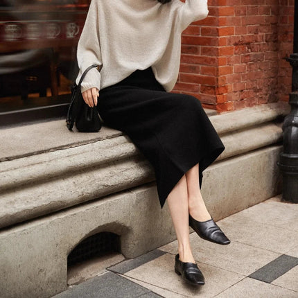Birdtree,90.3% Sheep Wool 5.8% Cashmere Knitted Skirt,Woman Elastic Waist Straight Skirts,Autumn Rear Slit Maxi Skirt D5O728JF PlatiNum