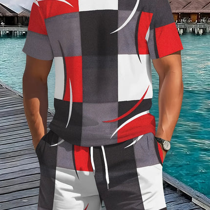 2026 Summer New Arrival Men's Casual Two-piece Set 2026 Striped Print Short Sleeve Shirt and Sports Shorts Men's Fitness Set