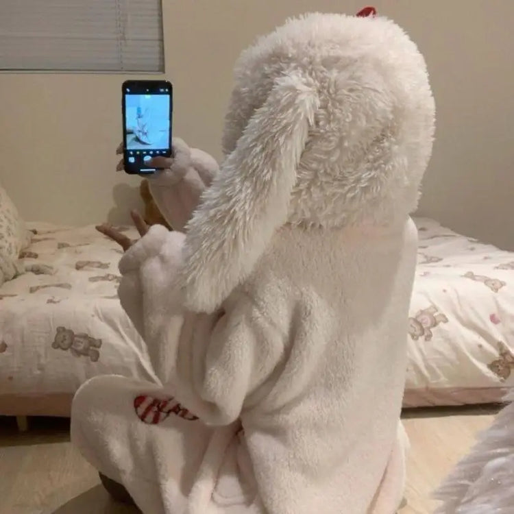 Kawaii Rabbit Bow One Piece Pajamas Women's Coral Velvet Hooded Sleepwear Thicken Winter Warm Sweet Cute Homewear Holiday Gift