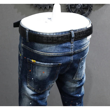 Fashion Designer Men Jeans Retro Blue Stretch Slim Fit Painted Ripped Jeans Men Korean Style Vintage Casual Denim Pants Hombre PlatiNum