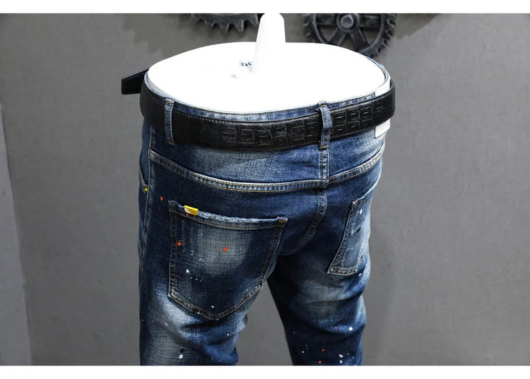 Fashion Designer Men Jeans Retro Blue Stretch Slim Fit Painted Ripped Jeans Men Korean Style Vintage Casual Denim Pants Hombre PlatiNum