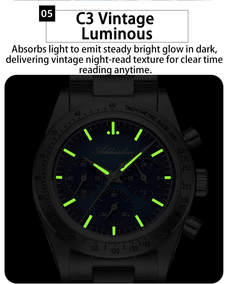 ADDIESDIVE Watch New 37mm Chronograph Men Quartz Wristwatch Domed Glass 316L Stainless Steel 100m Waterproof C3 Luminous AD2552