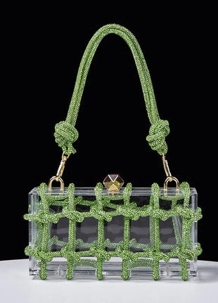 Classic 2025 Acrylic Box Bag with Woven Diamond Rope Handheld Evening Women's Bag Transparent Dinner Handbag European Style PlatiNum
