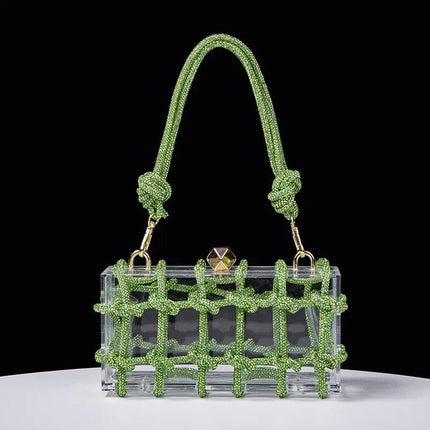 Classic 2025 Acrylic Box Bag with Woven Diamond Rope Handheld Evening Women's Bag Transparent Dinner Handbag European Style PlatiNum