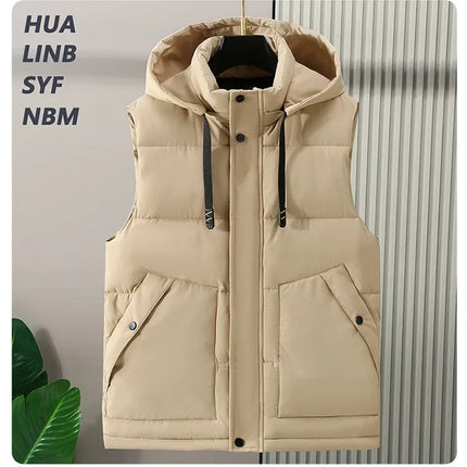 Big Size Men Padded Vest Winter Hooded Zip-up Sleeveless Jacket Padding Golf Cotton Waistcoat Work Warm Large Pocket Plus 8XL