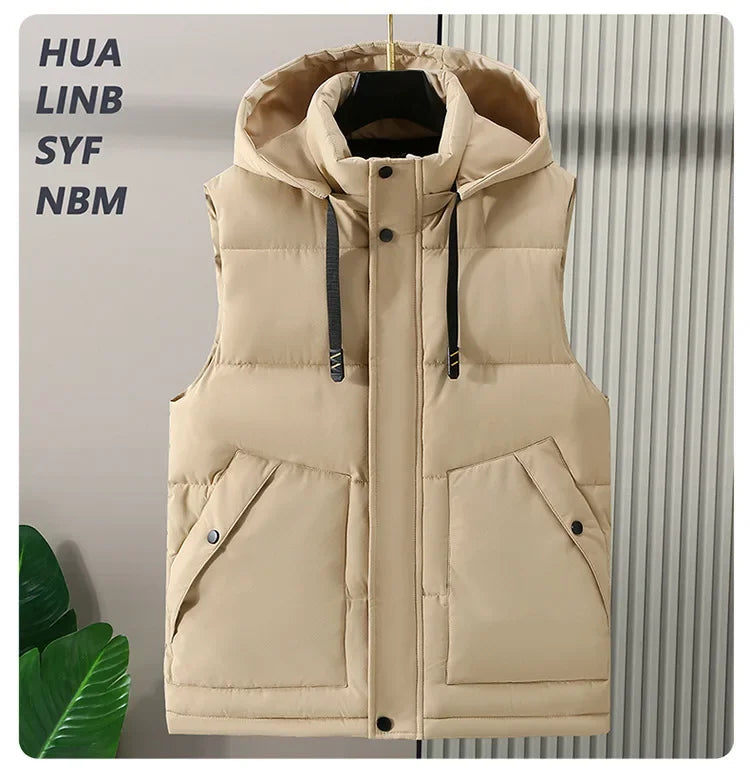 Big Size Men Padded Vest Winter Hooded Zip-up Sleeveless Jacket Padding Golf Cotton Waistcoat Work Warm Large Pocket Plus 8XL