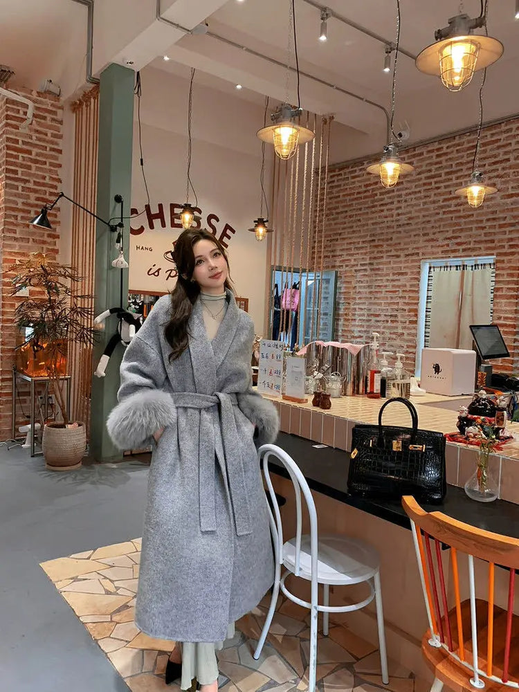 Lace Up Lapel Cashmere Wool Coat For Women's Winter Fashion Female Woolen Jackets Fur Long Sleeve Loose Overcoats