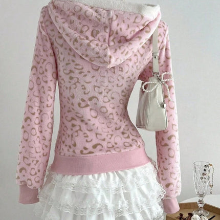 Cute Pink Leopard Pint Hooded Y2k Clothes Aesthetic 2000s Vintage Kpop Women's Sweatshirts Zip-up Grunge Gyaru Hoody Gothic Top