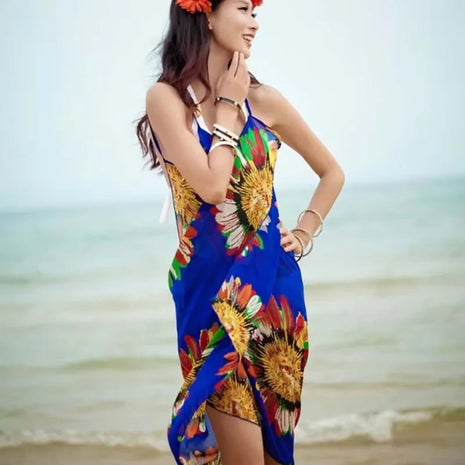 Copricostumi stampati Abito da spiaggia sexy Donna Halter Sling Chiffon Asciugamano da spiaggia Bikini Wrap Pareo Gonne Costumi da bagno aperti sul retro platinumshop