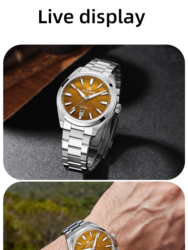 AddiesKin K010 Automatic Watch for Men Natural Tiger Eye Dial Miyota 9015 Movement Sapphire Crystal 200 Waterproof Luminous Gift