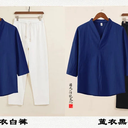 Set da due pezzi da uomo in cotone di lino confortevole (camicie + pantaloni) stile cinese retrò a maniche corte da uomo casual vestito di linguetta pantaloni Kungfu