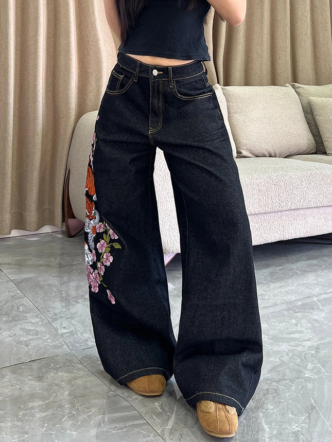 1 pair of vintage American wide leg jeans with tiger and floral embroidery, black wide leg pants s