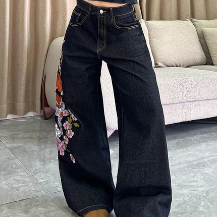 1 paio di jeans larghi vintage americani con ricamo di tigre e fiori, pantaloni neri a gamba larga stile street hip-hop da donna