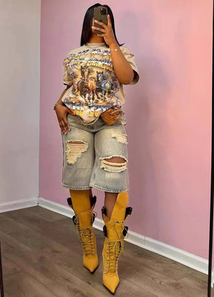 Europe America Summer New High-waisted Loose, Vintage, Ripped Denim Mid-length Straight-leg Wide-leg Pants. Casual Denim Shorts PlatiNum