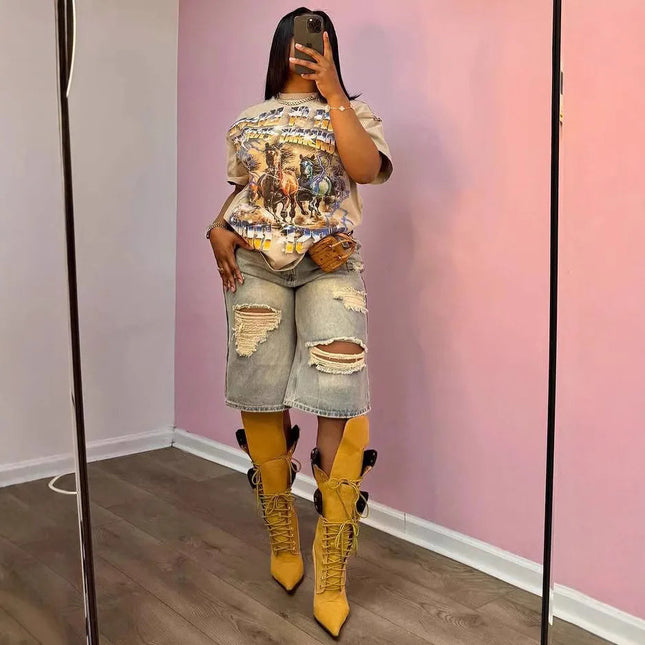 Europe America Summer New High-waisted Loose, Vintage, Ripped Denim Mid-length Straight-leg Wide-leg Pants. Casual Denim Shorts PlatiNum