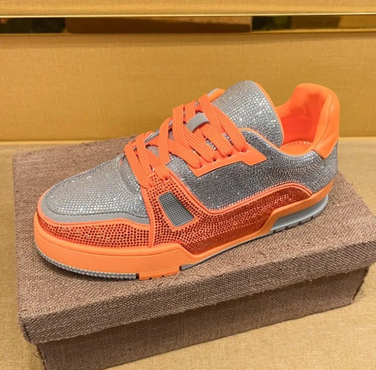 Men Diamonds Crystal Patchwork Suede Genuine Leather Shoes Lace Up Round Toe Thick Bottom Casual Shoes Height Increase Platform