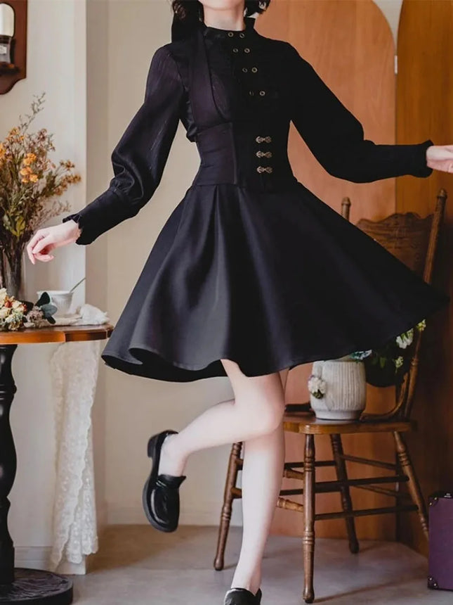 Autumn Japanese Gothic Y2k 3 Piece Set Women Elegant Long Sleeve Shirt Shawl Coat Slim Strap Dresses Korean Female Dark Outfits
