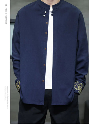 Camicie da Uomo di Alta Qualità con Ricami in Stile Cinese, Colletto Rialzato Retrò, in Lino Comodo e Traspirante, Camicie Casual da Uomo