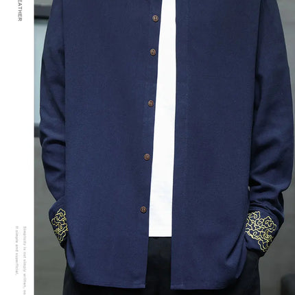 Camicie da Uomo di Alta Qualità con Ricami in Stile Cinese, Colletto Rialzato Retrò, in Lino Comodo e Traspirante, Camicie Casual da Uomo
