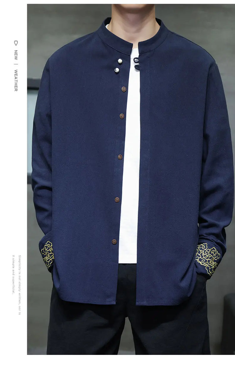 Camicie da Uomo di Alta Qualità con Ricami in Stile Cinese, Colletto Rialzato Retrò, in Lino Comodo e Traspirante, Camicie Casual da Uomo