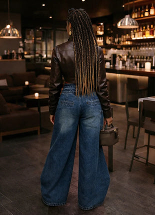 Jeans Larghi Vintage in Denim Lavato per Donna, Vita Alta con Asimmetrico Design Incrociato, Stile Y2K Streetwear Casual alla Moda