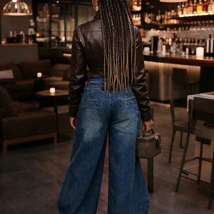Jeans Larghi Vintage in Denim Lavato per Donna, Vita Alta con Asimmetrico Design Incrociato, Stile Y2K Streetwear Casual alla Moda