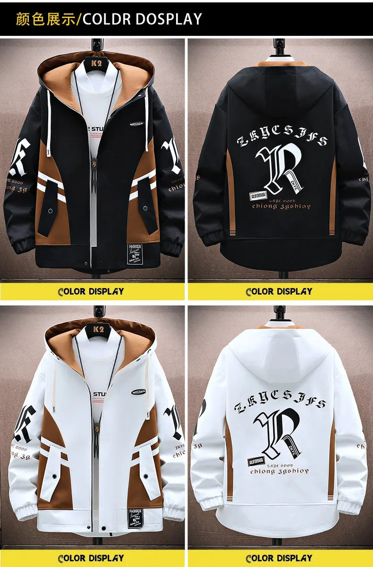 Men's Casual Hooded Jackets Autumn Patchwork Thin Coats Outwear Top Windbreaker Streetwear Clothing Plus Size