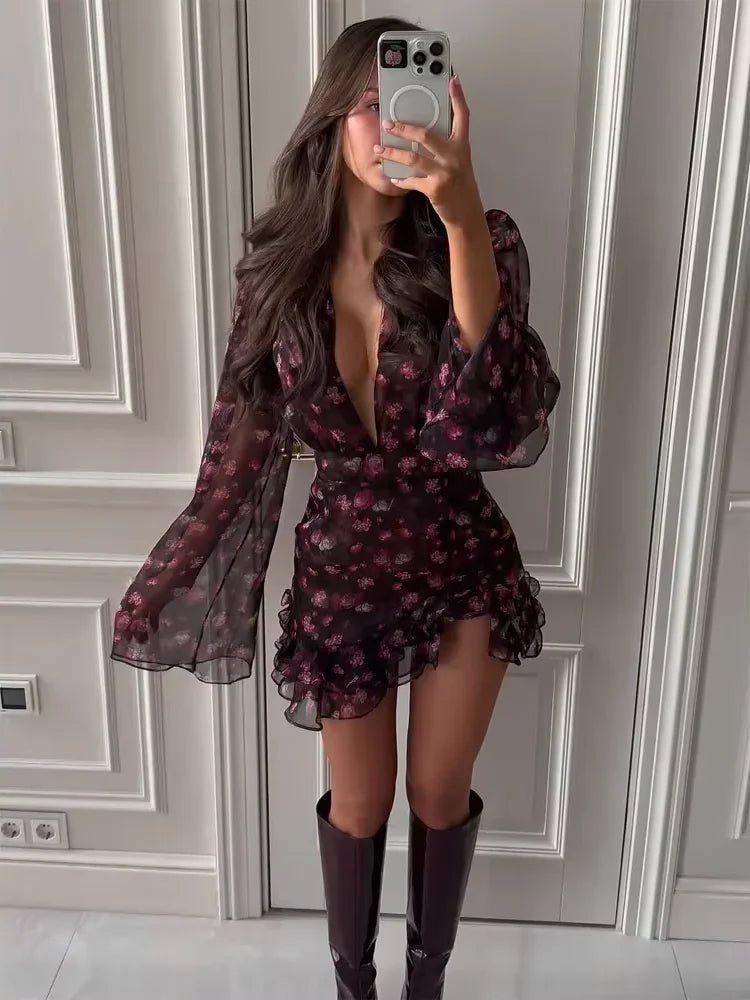 Elegante Abito Mini con Volant e Motivi Floreali, Chic con Maniche Lunghe, Scollo a V Profondo, Slim Fit, Linea A, Corto, Collezione 2026, Vestito da Vacanza e da Strada per Signora